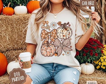 Comfort Colors® Floral Pumpkin Shirt, Trendy Floral Pumpkin Fall Shirt, Coquette Fall Collage Shirt, Girly Autumn Bow Tee, Fall Vibes Shirt
