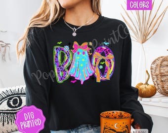 Neon Boo Comfort Colors Long Sleeve T-Shirt, Cute Women's Halloween Tee, Trendy Halloween Party Tshirt, Spooky Season Tee, Gift for Her