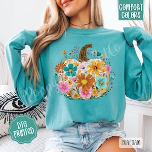 Floral Pumpkin Comfort Colors Long Sleeve T-Shirt, Cute Women&#39;s Fall Tee, Fall Womenswear Oversized Crewneck, Cute Women&#39;s Fall Pumpkin Tee