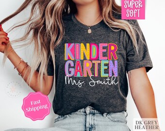 Personalized Kindergarten Teacher Shirt, Custom Teacher Name Shirt, Back to School, First Day of School, Kinder Crew Tee