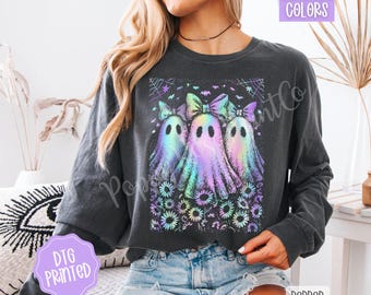 Neon Ghost Trio Comfort Colors Long Sleeve T-Shirt, Cute Women's Halloween Tee, Halloween Party Shirt, Iridescent Spooky Shirt, Gift for Her