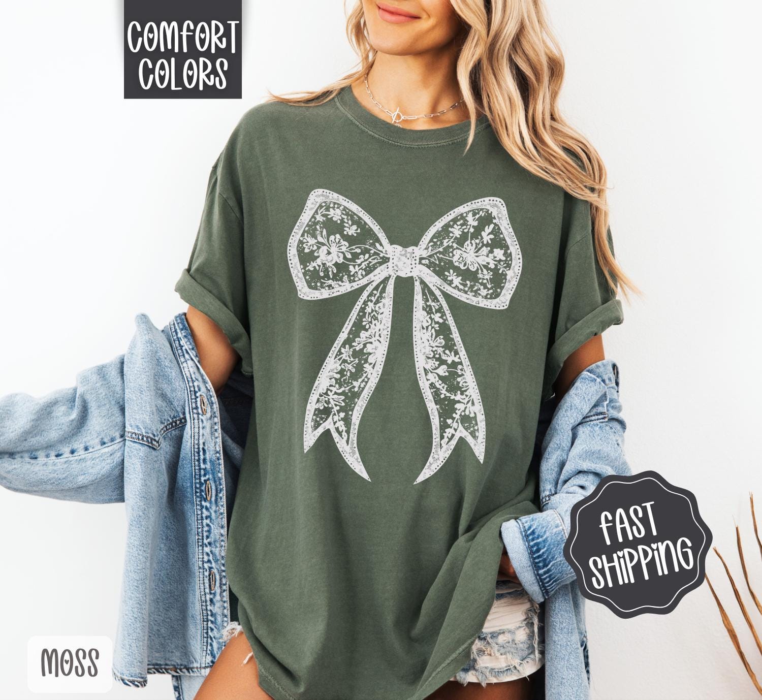 Lace Bow Shirt Comfort Colors, Coquette Lace Bow Women's Tee, Cute