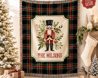Personalized Christmas Blanket Family, Christmas Gift, Family Name Blanket for Xmas, Nutcracker Woven Blanket, Xmas Decoration Family Gift