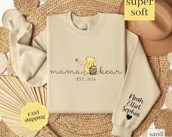 Personalized Mama Bear Sweatshirt with Kid Names on Sleeve, Mothers Day Gift for Mom, New Mom Gift