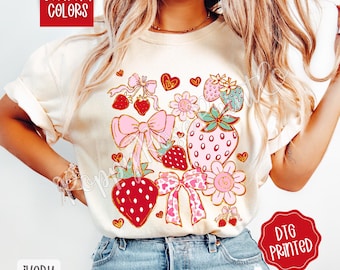 Boho Strawberry Comfort Colors Tshirt, Coquette Floral Women's Shirt, Trendy Fruit Tee, Cute Summer Berry TShirt, Gift for Her