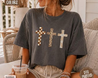 Comfort Colors® Leopard Cross Trio Womens Christian T-Shirt, Cheetah Preppy Faith-inspired Shirt, Faith Based Shirt, Christian Women Gift
