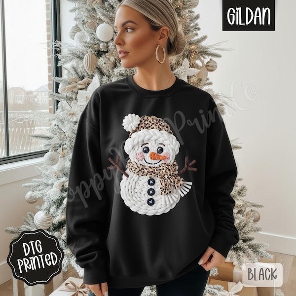 Faux Knit Leopard Snowman Sweatshirt, Women's Christmas Sweater, Cute Holiday Crewneck, Trendy Winter Snowman Sweatshirt, Gift for Her