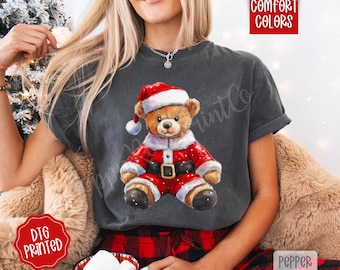 Santa Teddy Bear Comfort Colors Shirt, Trendy Women's Christmas Crewneck, Vintage Xmas Teddy Bear Tee, Holiday Party Shirt, Cute Xmas TShirt