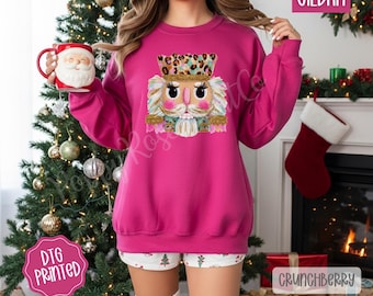 Preppy Nutcracker Faux Latch Hook Sweatshirt, Trendy Women's Christmas Crewneck, Leopard Nutcracker Sweater, Pastel Xmas Nutcracker Shirt