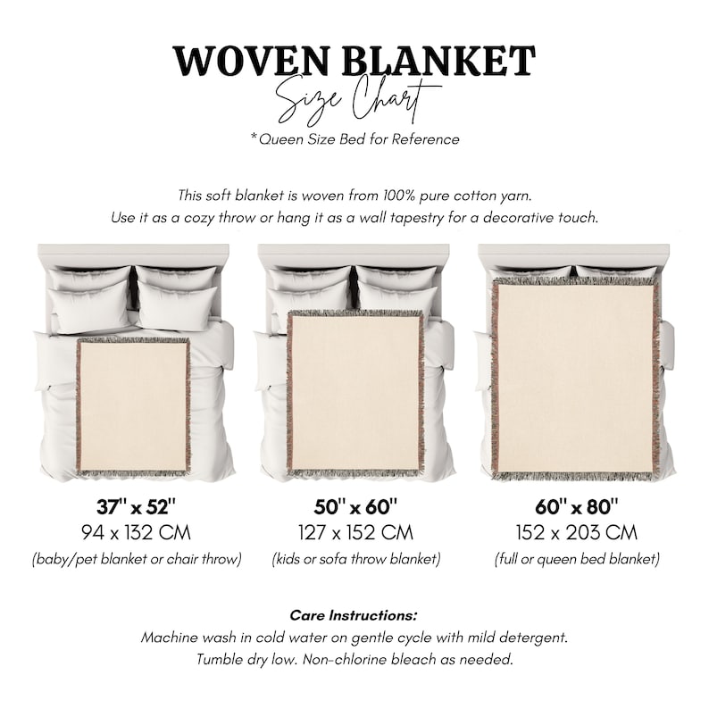 Puede incluir: Una tabla de tallas de manta tejida que muestra tres mantas rectangulares de 94 x 132 cm, 127 x 152 cm y 152 x 203 cm sobre camas. El texto incluye WOVEN BLANKET SIZE CHART, dimensiones e instrucciones de cuidado para lavar a m&aacute;quina en fr&iacute;o.