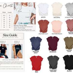 May include: Size chart for Bella + Canvas 3001 unisex t-shirts. The chart shows width and length measurements in inches for sizes XS to 3XL. The chart also includes a size guide with two models wearing different sizes of the t-shirt. The image shows 12 different colour options for the t-shirt, including white, natural, athletic heather, heather clay, heather peach, heather mauve, heather navy, maroon, heather olive, red, dark grey heather, and black.