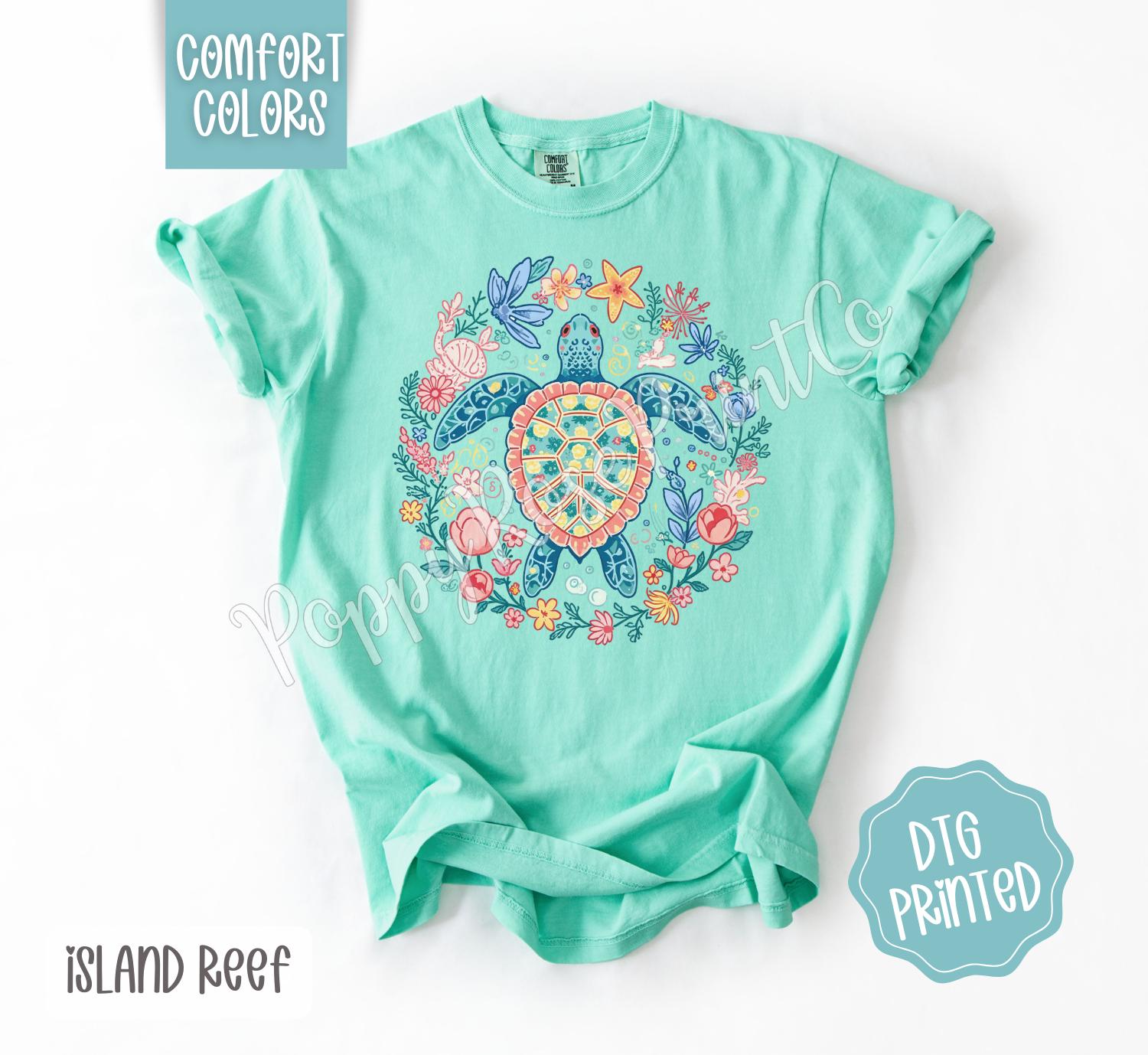 Turtle Comfort Colors Shirt, Cute Beach Tshirt, Trendy Summer Floral Tee, Oversized Beach Tee, Earth Day Shirt, Women's Tee, Gift for Her