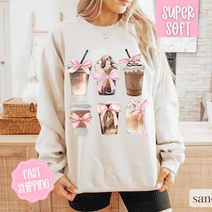 Iced Coffee Sweatshirt, Coffee Lover Shirt, Coquette Clothing, Cute Coffee Crewneck, Gift for Her, Iced Coffee Girlie, Pink Bow Iced Coffee