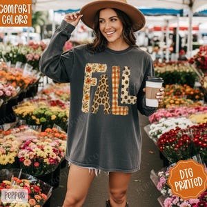 Fall Patchwork Long Sleeve Comfort Colors Shirt, Preppy Autumn Shirt, Pumpkin Patch Shirt, Leopard Fall Graphic Tee, Thanksgiving Tee