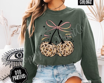 Fall Leopard Cherries Comfort Colors Long Sleeve T-Shirt, Cute Women's Autumn Tee, Cute Coquette Cherry T-Shirt, Leopard Pumpkin Tee