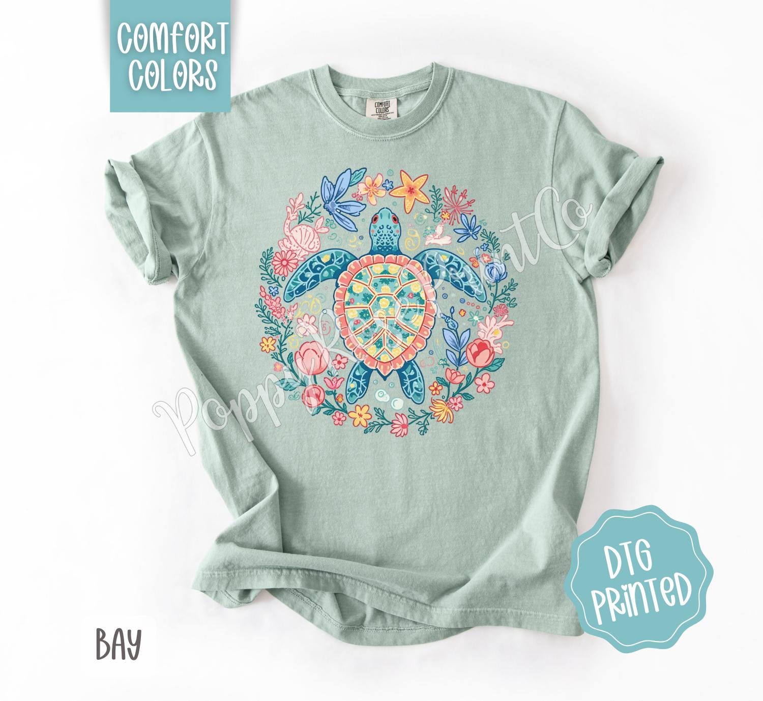 Turtle Comfort Colors Shirt, Cute Beach Tshirt, Trendy Summer Floral Tee, Oversized Beach Tee, Earth Day Shirt, Women's Tee, Gift for Her