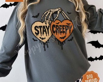 Stay Creepy Comfort Colors Sweatshirt, Trendy Halloween Crewneck, Cute Skeleton Sweater, Retro Halloween Sweatshirt, Halloween Hearts