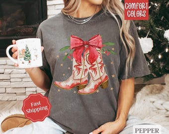 Christmas Boots Shirt Comfort Colors Holiday Tshirt, Country Christmas Tee, Women's Holiday Tee, Retro Christmas Shirt, Xmas Cowgirl Tee