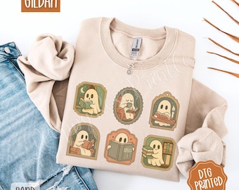 Retro Ghost Reading Books Sweatshirt, Librarian Ghost Halloween, Halloween Teacher Sweatshirt, Halloween Shirt, Teacher Gift, Boo School