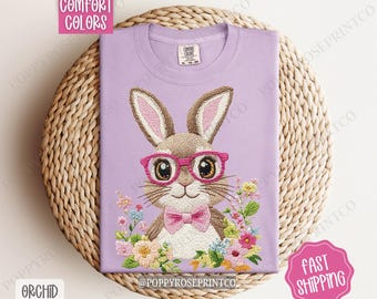 Faux Embroidered Bunny Print Shirt Comfort Colors, Easter Women's Tee, Cute Women's Tshirt, Spring Floral Bunny Shirt, Gift for Her