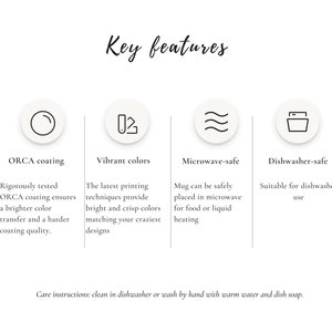 Może przedstawiać: Biała grafika ze słowami "Key features" i czterema ikonami z tekstem. Tekst opisuje powłokę ORCA, żywe kolory, możliwość używania w kuchence mikrofalowej i właściwości nadające się do zmywarki. Dolny tekst brzmi "Instrukcja pielęgnacji: czyścić w zmywarce lub myć ręcznie ciepłą wodą i mydłem."