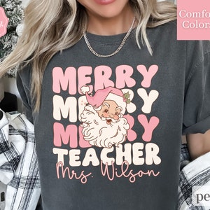 Teacher Christmas Shirt Comfort Colors, Personalized Teacher Teams Holiday Tshirt, Retro Teacher Pink Santa Tee, Teacher Xmas Shirt