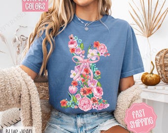 Floral Bunny Shirt Comfort Colors, Easter Tshirt, Trendy Bunny Women's Tee, Spring Floral Bunny Tee, Coquette Bunny Shirt, Gift for Her