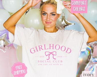 Girlhood Social Club Shirt Comfort Colors Coquette Clothing, Coquette Top, Pink Bow Shirt Coquette Aesthetic, Preppy Sweatshirt Preppy Stuff
