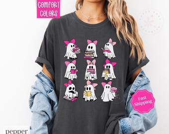 Pink Ghost Reading Shirt Comfort Colors, Book Lover Tshirt, Teacher Halloween Tee, Cute Ghost Tshirt, Halloween Party Shirt