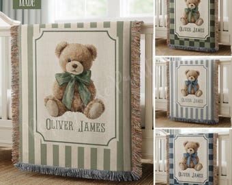 Personalized Kids Woven Bear Blanket • Custom Name Blanket • 100% Cotton Baby Blanket • Nursery Keepsake Gift • Toddler Blanket
