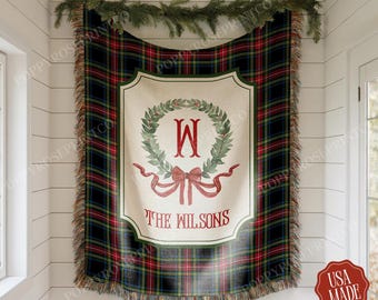 Personalized Christmas Wreath Woven Blanket Tapestry: Custom Family Christmas Gift