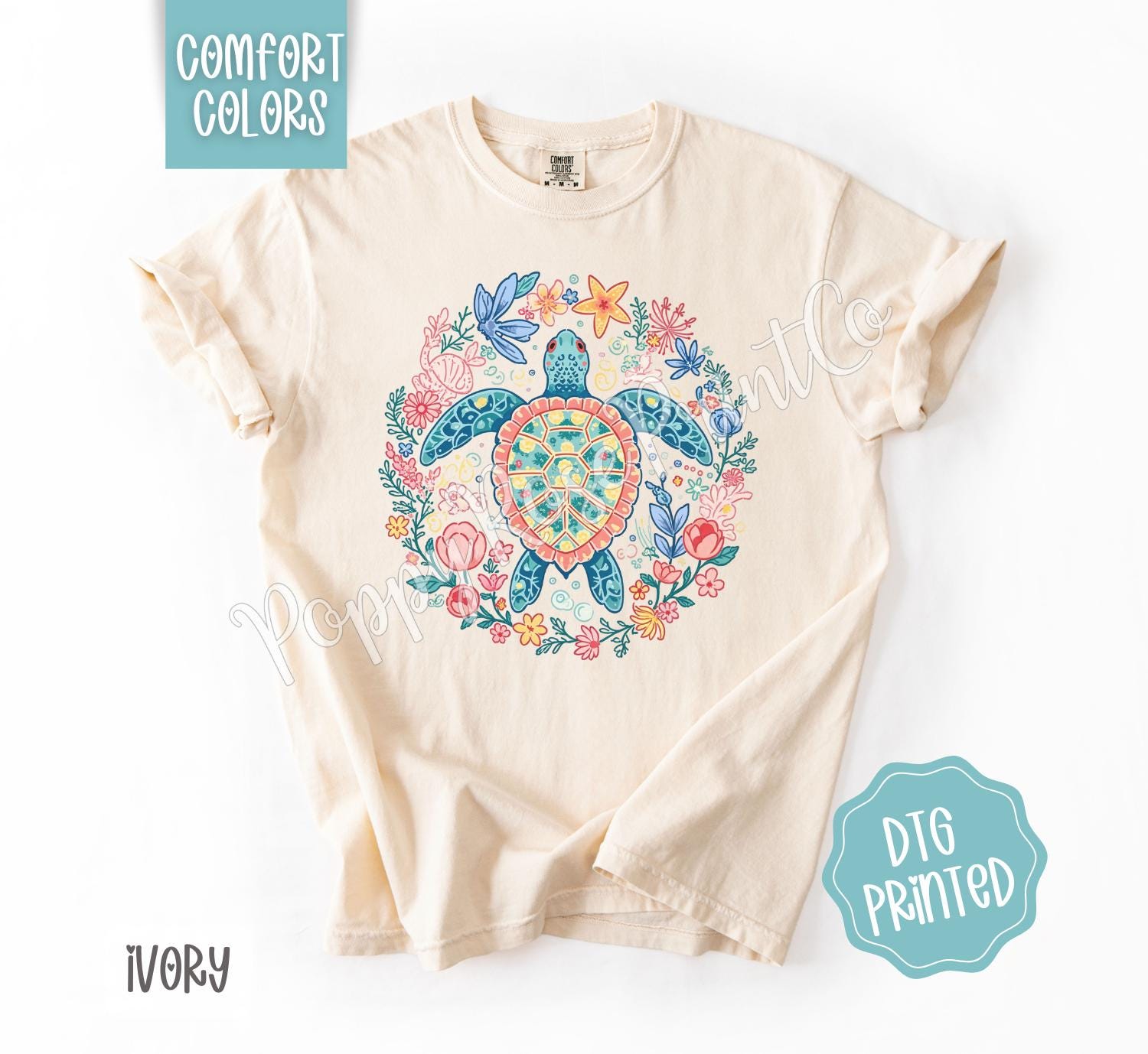 Turtle Comfort Colors Shirt, Cute Beach Tshirt, Trendy Summer Floral Tee, Oversized Beach Tee, Earth Day Shirt, Women's Tee, Gift for Her