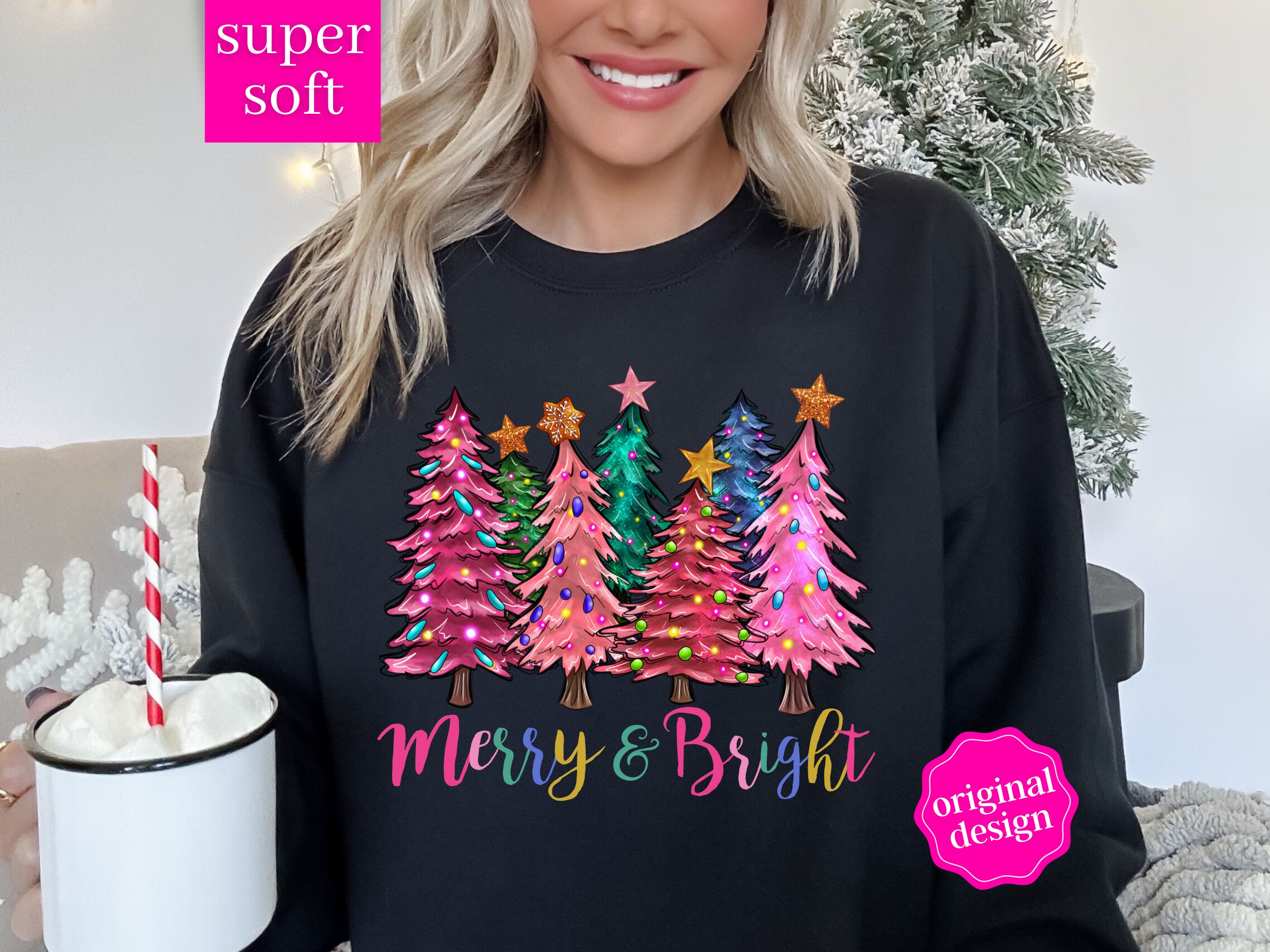 Merry and Bright Christmas Shirt, Christmas Party Shirt, Merry and bright Sweatshirt, Christmas Sweatshirt, Pink Christmas Tree Shirt Xmas