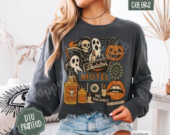 Skeleton Motel Comfort Colors Long Sleeve T-Shirt, Women's Halloween Tee, Vintage Halloween Tee, Retro Skeleton T-Shirt, Spooky Season Shirt