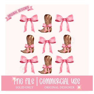 May include: Nine digital illustrations of brown cowboy boots with pink bows. The boots are arranged in a grid pattern with three rows and three columns.  PNG file | Commercial Use | Solid Only | Original Designer