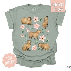 Pu&ograve; includere: Una maglietta verde chiaro con un design ad acquerello di capibara e fiori rosa. La maglietta ha un collo rotondo e maniche corte.