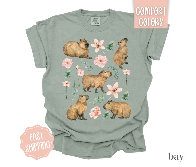 Pu&ograve; includere: Una maglietta verde chiaro con un design ad acquerello di capibara e fiori rosa. La maglietta ha un collo rotondo e maniche corte.