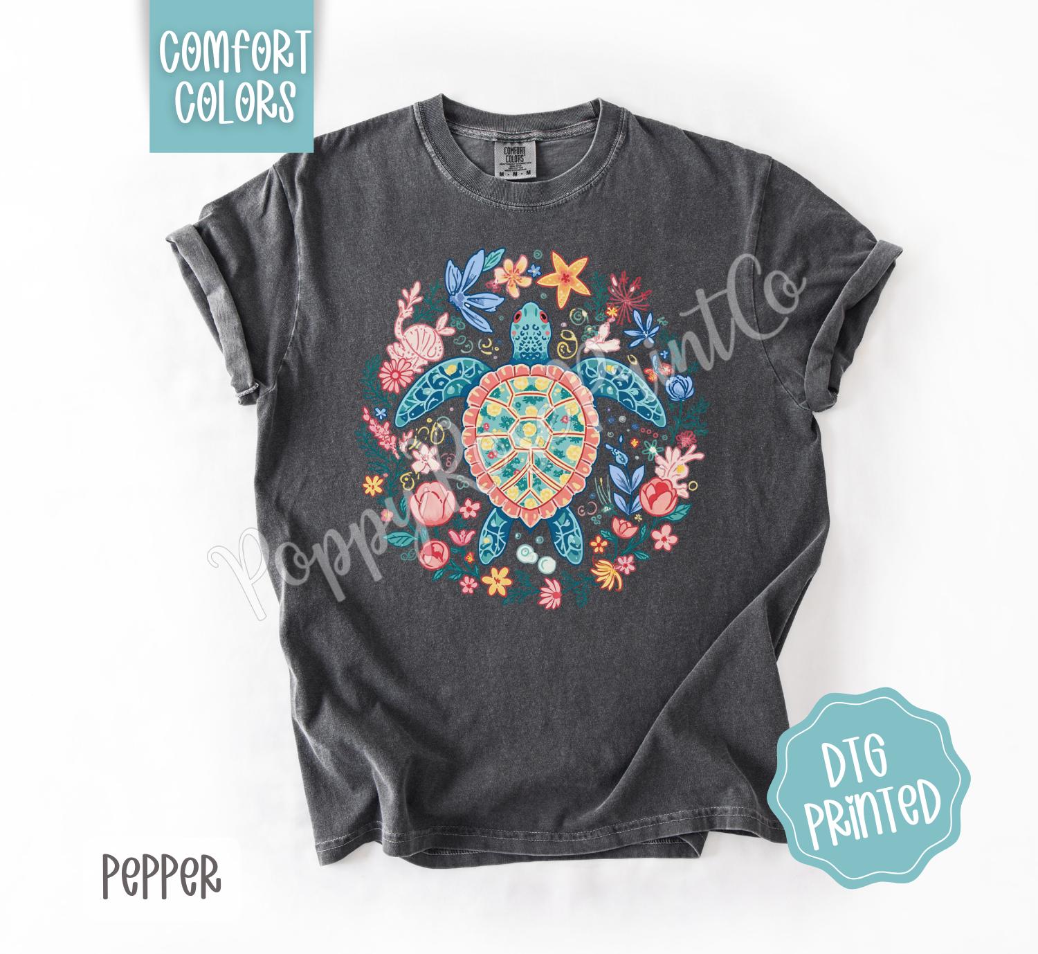 Turtle Comfort Colors Shirt, Cute Beach Tshirt, Trendy Summer Floral Tee, Oversized Beach Tee, Earth Day Shirt, Women's Tee, Gift for Her