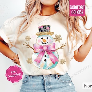Snowman Shirt Comfort Colors, Winter Holiday Tshirt, Women's Christmas Tee, Cute Holiday Tee, Snowman Bow Tshirt, Trendy Winter Shirt
