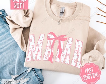 Pink Mama Bow Sweatshirt, Women's Crewneck, Cute Women's Sweater, Mother's Day Gift, Pink Coquette Mama Sweatshirt, Gift for Mom
