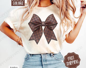 Checkered Coquette Bow Comfort Colors, Bow Women's Tee, Cute Women's Tshirt, Neutral Coquette Bow Tee, Trendy Bow TShirt, Gift for Her
