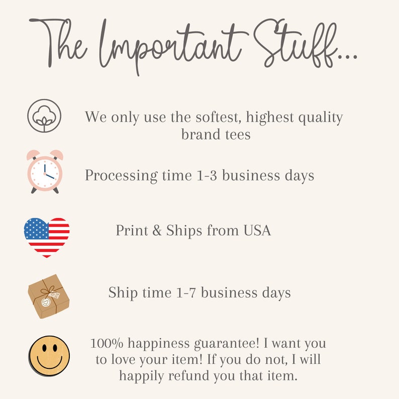 Op de afbeelding: Een afbeelding met vijf pictogrammen en tekst die de belangrijke details van een winkel beschrijven. De pictogrammen zijn een katoenbol, een wekker, een hart met de Amerikaanse vlag, een pakket met een strik en een smiley. De tekst luidt: "The Important Stuff... We only use the softest, highest quality brand tees. Processing time 1-3 business days. Print & Ships from USA. Ship time 1-7 business days. 100% happiness guarantee! I want you to love your item! If you do not, I will happily refund you that item."