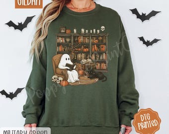 Retro Ghost Reading Books Sweatshirt, Librarian Ghost Halloween, Halloween Teacher Sweatshirt, Halloween Shirt, Teacher Gift, Boo School
