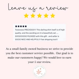 May include: A light pink graphic with the text "Leave us a review" above five gold stars. Below, a customer review praises a shirt's quality. The Poppy Rose Print Company logo is at the bottom.