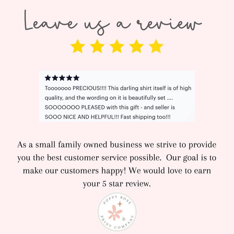 May include: A light pink graphic with the text "Leave us a review" above five gold stars. Below, a customer review praises a shirt's quality. The Poppy Rose Print Company logo is at the bottom.
