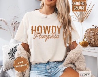 Camisa de calabaza Howdy con colores cómodos, camisa de calabaza de otoño para mujer, camisa de cuello redondo de gran tamaño para mujer, camisa de otoño estilo western, camisa de vaquera de otoño