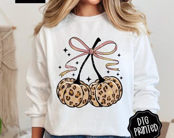 Fall Leopard Cherries Comfort Colors Sweatshirt, Trendy Autumn Bow Crewneck, Cute Coquette Cherry Sweater, Leopard Pumpkin Sweatshirt