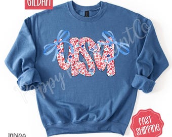 Coquette USA Sweatshirt, Cute American Sweater, Girly Fourth Of July Crewneck, Memorial Day Sweatshirt, Patriotic Bow Sweater, Gift for Her