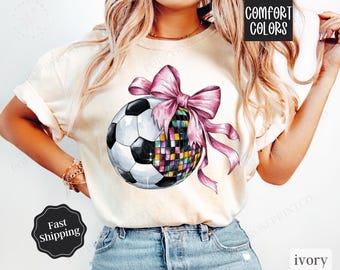 Disco Soccer Ball Bow Shirt Comfort Colors, Game Day Soccer Shirt, Womens Soccer Tee, Soccer Team Shirts for Soccer Coach