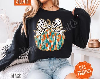 Painted Pumpkin Sweatshirt, Trendy Coquette Fall Crewneck, Fall Colorful Pumpkin Sweater, Pumpkin Bow Sweatshirt, Autumn Pumpkin Sweater